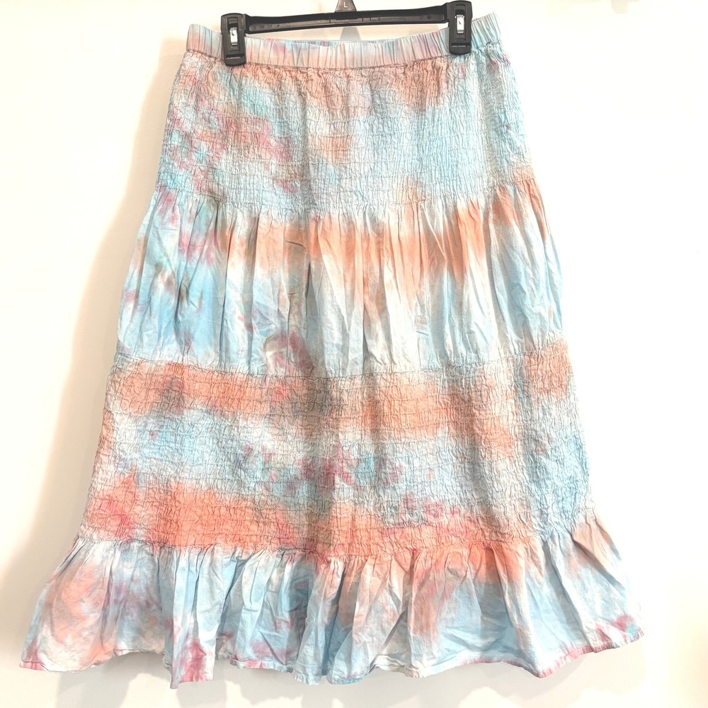 Sahalie Tie Dye Skirt Large Smocked Tiered Ruffle Cotton Boho Hippie Fairy 21939